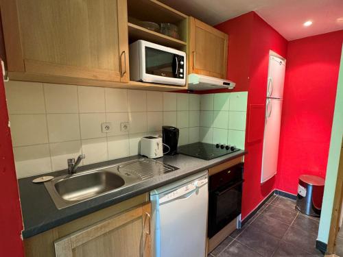 une petite cuisine avec un évier et un micro-ondes dans l'établissement Studio ski aux pieds avec piscine chauffée, WiFi et animaux admis - FR-1-181-2822, à La Plagne Tarentaise