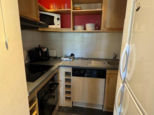 Il comprend une petite cuisine équipée d'un évier et d'un lave-vaisselle. dans l'établissement Appartement 2 pièces+cabine, Ski aux pieds, Piscine et Animaux admis à Belle Plagne - FR-1-181-2823, à La Plagne Tarentaise
