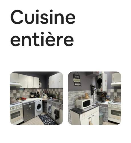 deux photos d'une cuisine avec un appareil de cuisine dans l'établissement Agréable maison de ville, à LʼAigle