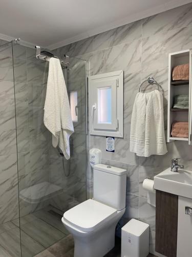 a bathroom with a toilet and a shower and a sink at Villa De La Vita Alykes in Katastárion