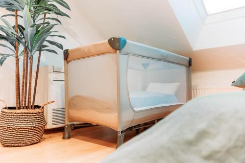 a bedroom with a bed frame and a plant at Spacious Penthouse with AC and Free Parking Steps Away From the Central Station in Koblenz