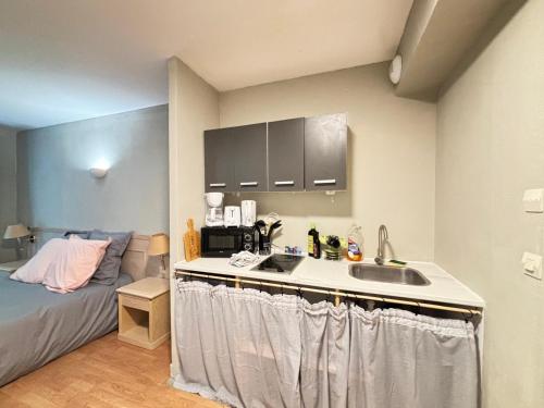 - une cuisine avec évier et un lit dans une chambre dans l'établissement Joli Studio au Golf,Wifi,Parking, à Bellême
