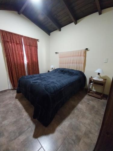 a bedroom with a bed with a blue blanket on it at Complejo majua in Cosquín