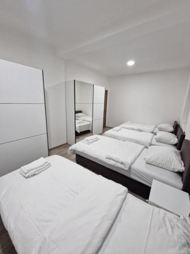 a room with three beds and a mirror at Apartmani & Auto kamp GAJ in Gacko
