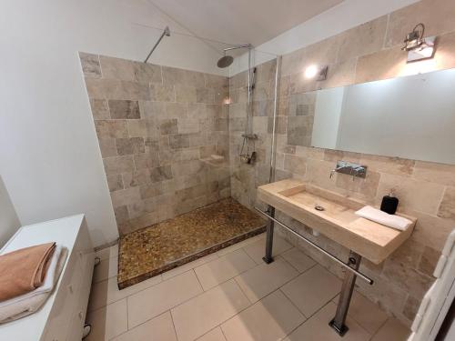 une salle de bain avec un lavabo et une douche dans l'établissement Luxueux duplex avec vue panoramique sur Notre-Dame, à Marseille