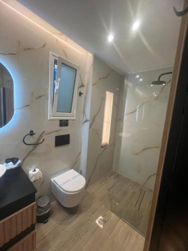 a bathroom with a toilet and a sink and a mirror at Stampalia Luxury Studios in Astypalaia Town