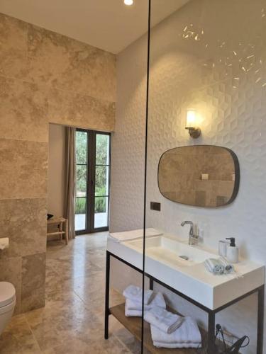 une salle de bain avec un lavabo et un miroir et des toilettes dans l'établissement Mas d exception au cœur des Alpilles, à Fontvieille
