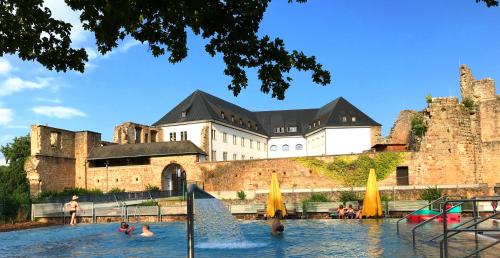 a large castle with people swimming in a swimming pool at Ferienapartment Burgstrasse Ost mit Garten und Sauna in Altleiningen