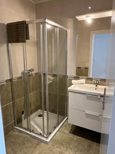 une salle de bain avec douche et lavabo dans l'établissement Appartement en centre ville, à Hendaye