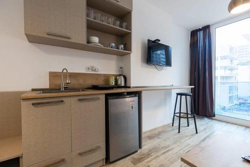 una cocina con fregadero y lavavajillas en Cozy Studio Apartment For 3 with a pool, en Batumi