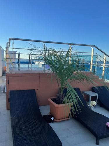 a plant in a pot sitting on a balcony at Cozy Studio Apartment For 3 with a pool in Batumi