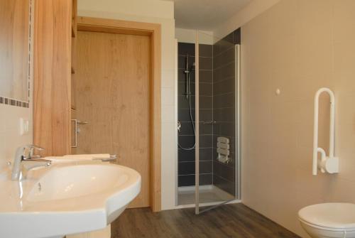 a bathroom with a sink and a shower and a toilet at Appartament Eichnerhof in Chienes