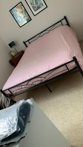 - une chambre avec un lit et un oreiller rose dans l'établissement Escale beaunoise, à Beaune