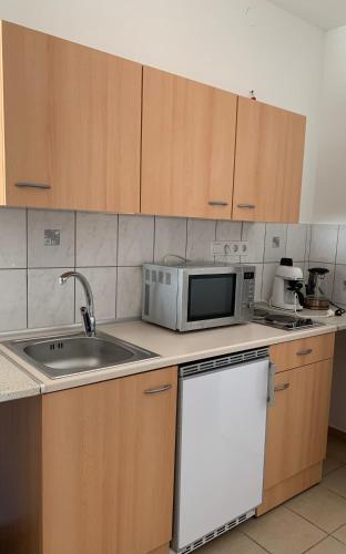 una cocina con fregadero y microondas en Fehér Orchidea Apartman, en Egerszalók