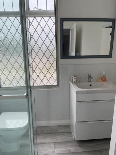 a bathroom with a toilet and a sink and a mirror at Beautiful home in central Bishop Auckland town in Bishop Auckland