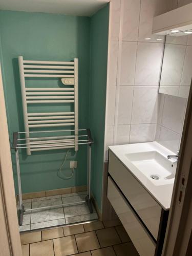 a bathroom with a sink and a green wall at Chez Mady in Kirschnaumen