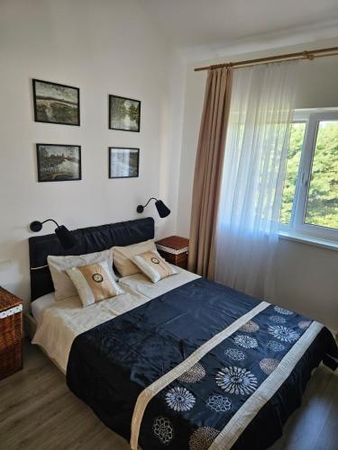 a bedroom with a large bed and a window at Vila DRAGONFLY in Šventoji