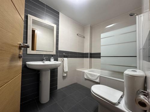 a bathroom with a sink and a toilet and a mirror at Disfruta del pirineo oscense in Sabiñánigo