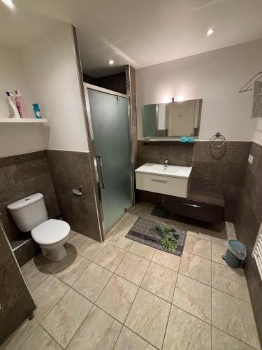 une salle de bain avec toilettes, lavabo et douche dans l'établissement BANDOL Magnifique appartement Vue mer Résidence Blue Bay, à Bandol