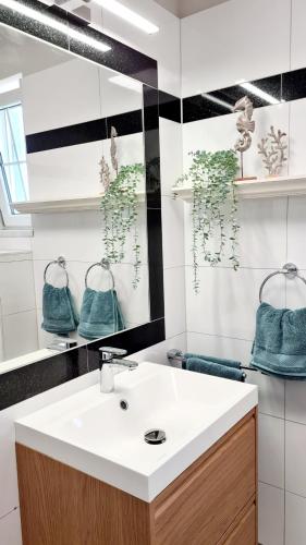 a bathroom with a sink and a mirror at Hafenidyll 46 - exklusiv am Yachthafen mit zwei Bädern - traumhafte Sonnenuntergänge inklusive in Karlshagen
