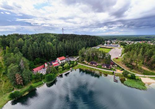 an aerial view of a large river with a town at Svečių namai ALDAIVITA in Ignalina