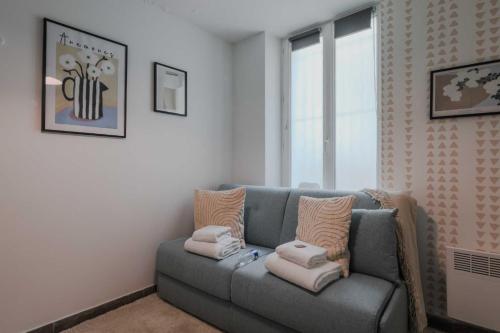 - un salon avec un canapé gris et des oreillers dans l'établissement Cosy Studio - 2P - Museum of Romantic Life, à Paris