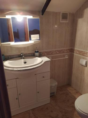 a bathroom with a sink and a toilet and a mirror at Pensión El Chalet in Torrejoncillo del Rey