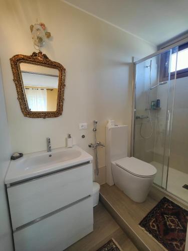 a bathroom with a toilet and a sink and a mirror at Casa del sole in Rivarotta