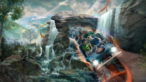 a painting of people on a train in a waterfall at A Breath of Fresh Air by Eden Crest in Gatlinburg