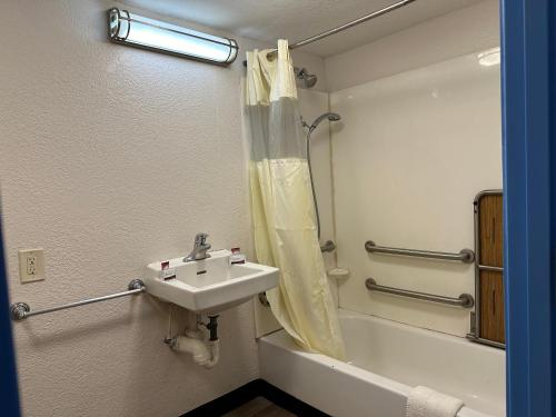 a bathroom with a sink and a shower and a tub at American Inn & Suites Bishop Airport Flint in Flint