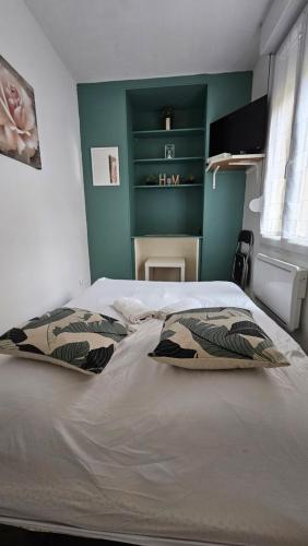 Un dormitorio con una cama con dos almohadas encima. en Studio New York hypercentre Reims, en Reims