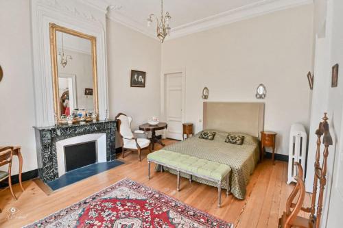 - une chambre avec un lit, une cheminée et un miroir dans l'établissement Château Couffins, à Asques