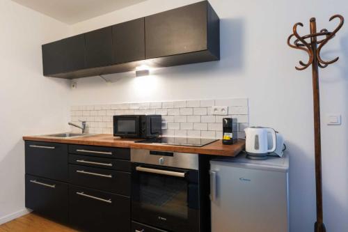 une cuisine avec des armoires noires et un four micro-ondes dans l'établissement Charming studio apartment for 2 - Bastille, à Paris