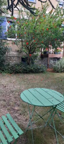 a green picnic table and a tree in a yard at Guernazelles in Le Controis En Sologne