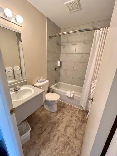 a bathroom with a sink and a toilet and a tub at Motel de l'Anse a l'Eau in Tadoussac