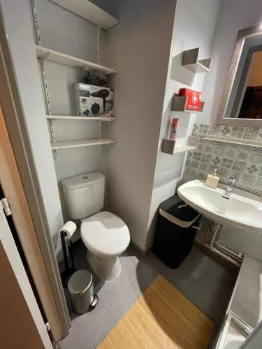 une petite salle de bain avec toilettes et lavabo dans l'établissement Résidence Piscine LE GRAND LARGE, à Trouville-sur-Mer