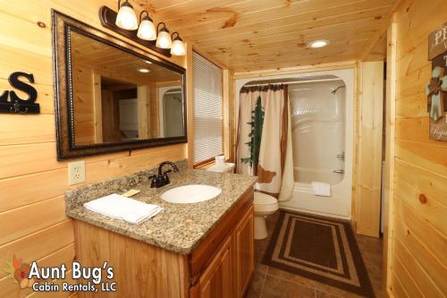 a bathroom with a sink and a toilet and a mirror at A Secluded Retreat #216 in Pigeon Forge