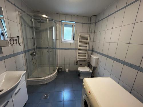a bathroom with a shower and a toilet and a sink at Ilidza Apartments in Sarajevo