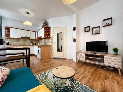 un salon avec un canapé et une télévision dans l'établissement Le Petit Moulin, à Montbéliard