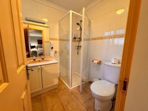 a bathroom with a toilet and a shower and a sink at All Seasons Gatwick Guest House & Parking in Horley