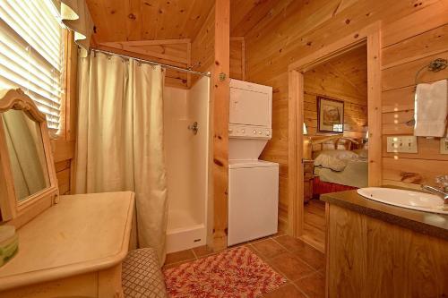 a bathroom with a refrigerator and a sink in a cabin at Buckhead #259 in Sevierville