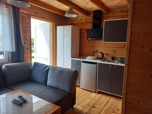 a living room with a couch and a kitchen at Domek u Beaty 1 in Rewal