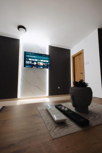 a living room with two remote controls and a tv at Tara Apartments in Kolašin