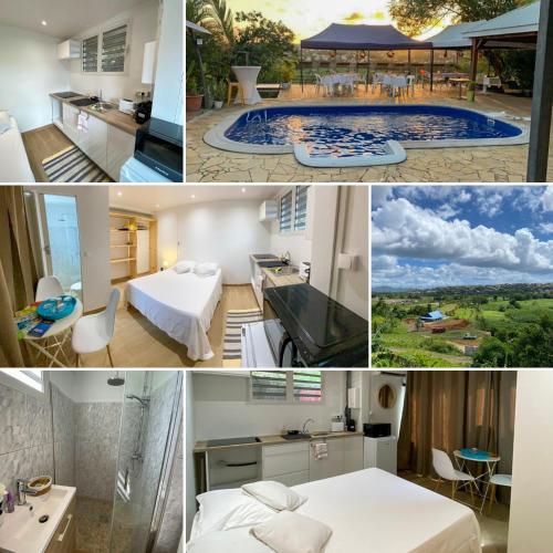 a collage of photos of a hotel room with a pool at Studio pistache 2 personnes in Le Lamentin