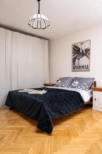a bedroom with a bed with a black comforter at Villa Plater in Olsztyn