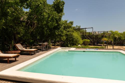 a swimming pool on a deck with chairs and trees at Hotel Playa Scondida Barú in Baru