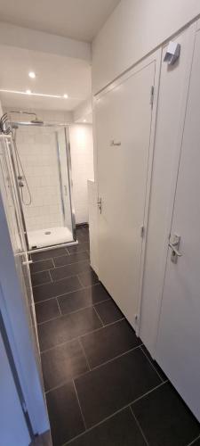 a bathroom with a walk in shower and a toilet at Casa de Deborah in Zandvoort