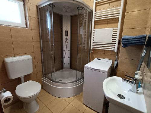 a bathroom with a shower and a toilet and a sink at Sunny Home Apartment Ház in Siófok