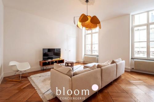 un salon avec un canapé et une télévision dans l'établissement Le Lafayette Coeur de ville 6 personnes, à Nancy