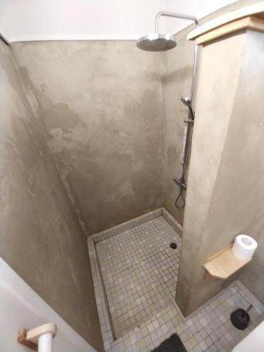 a bathroom with a shower with a toilet paper roll at TAHITI - Matavai Bay Spirit in Arue